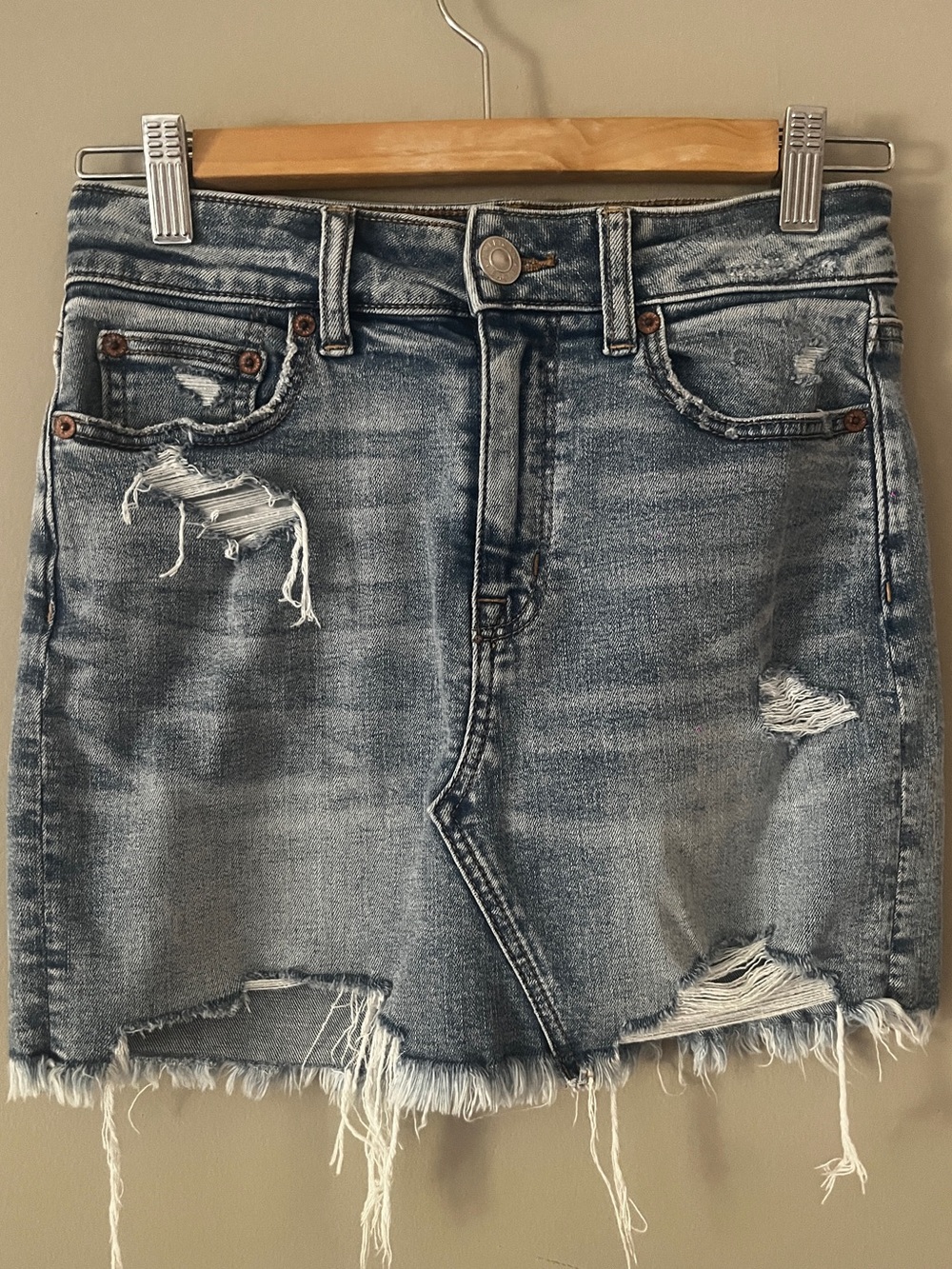 American Eagle Outfitters Distressed Light Blue Denim Mini Skirt